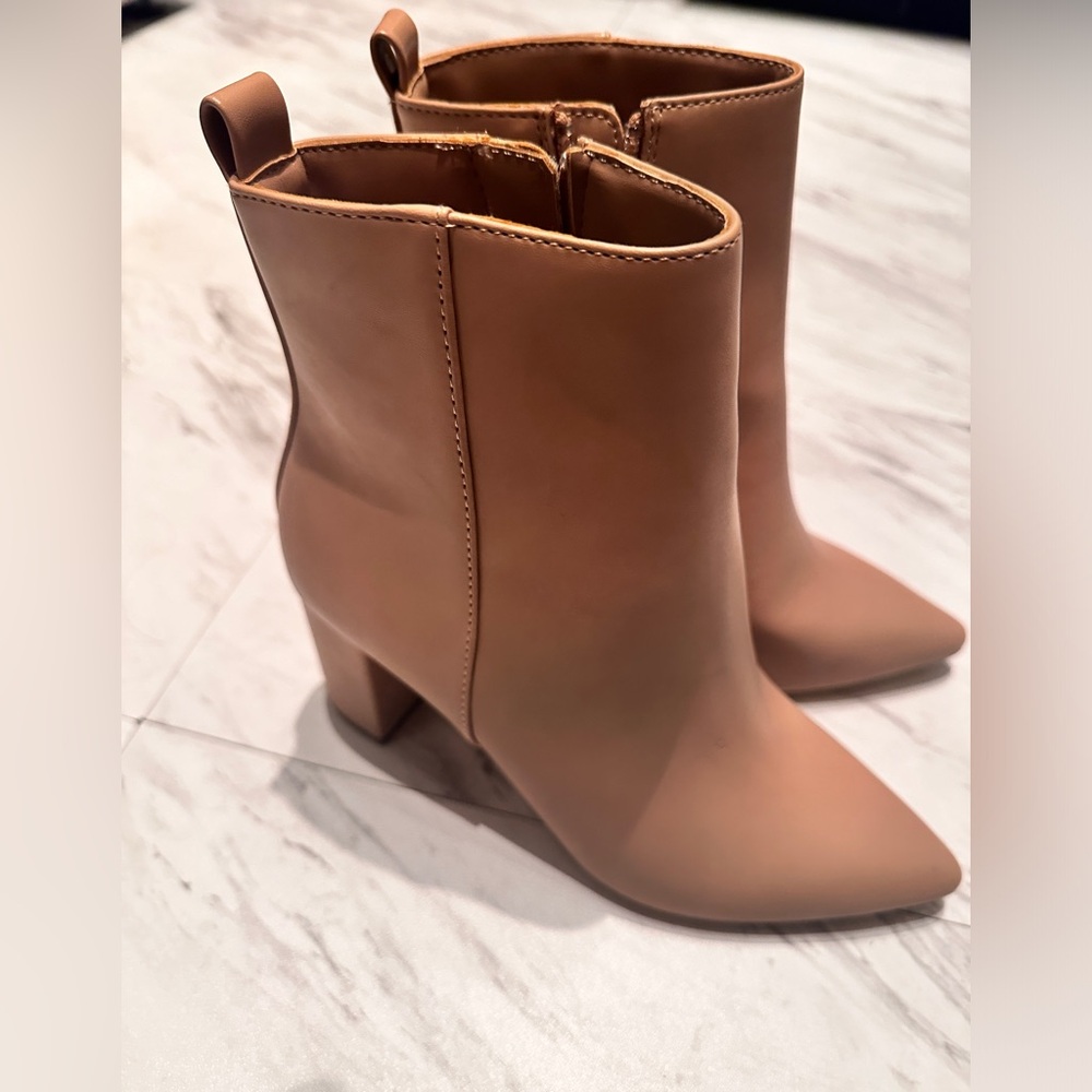 Cream nude block heel booties pointed toe NEW